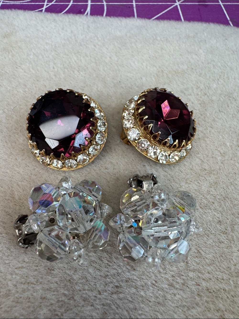 Vintage Purple Gem and AB Crystal Clip-On Earring Set OF 2